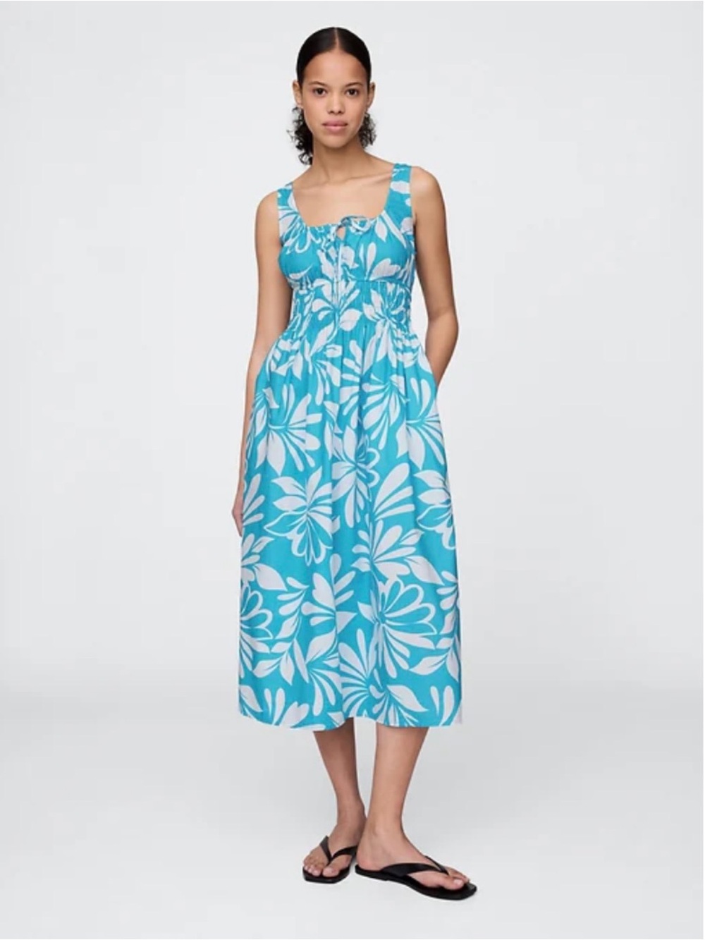 GAP Turquoise Floral Midi Dress with White Print
